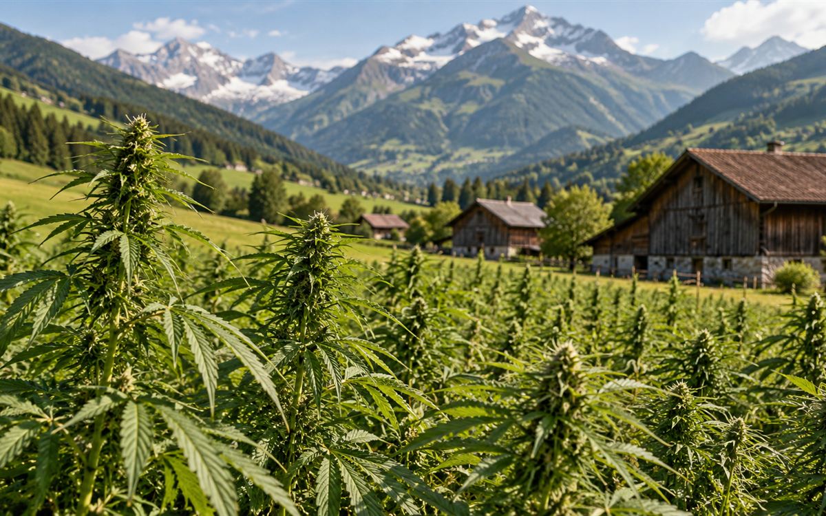 Champ de chanvre CBD en Suisse au pied des Alpes