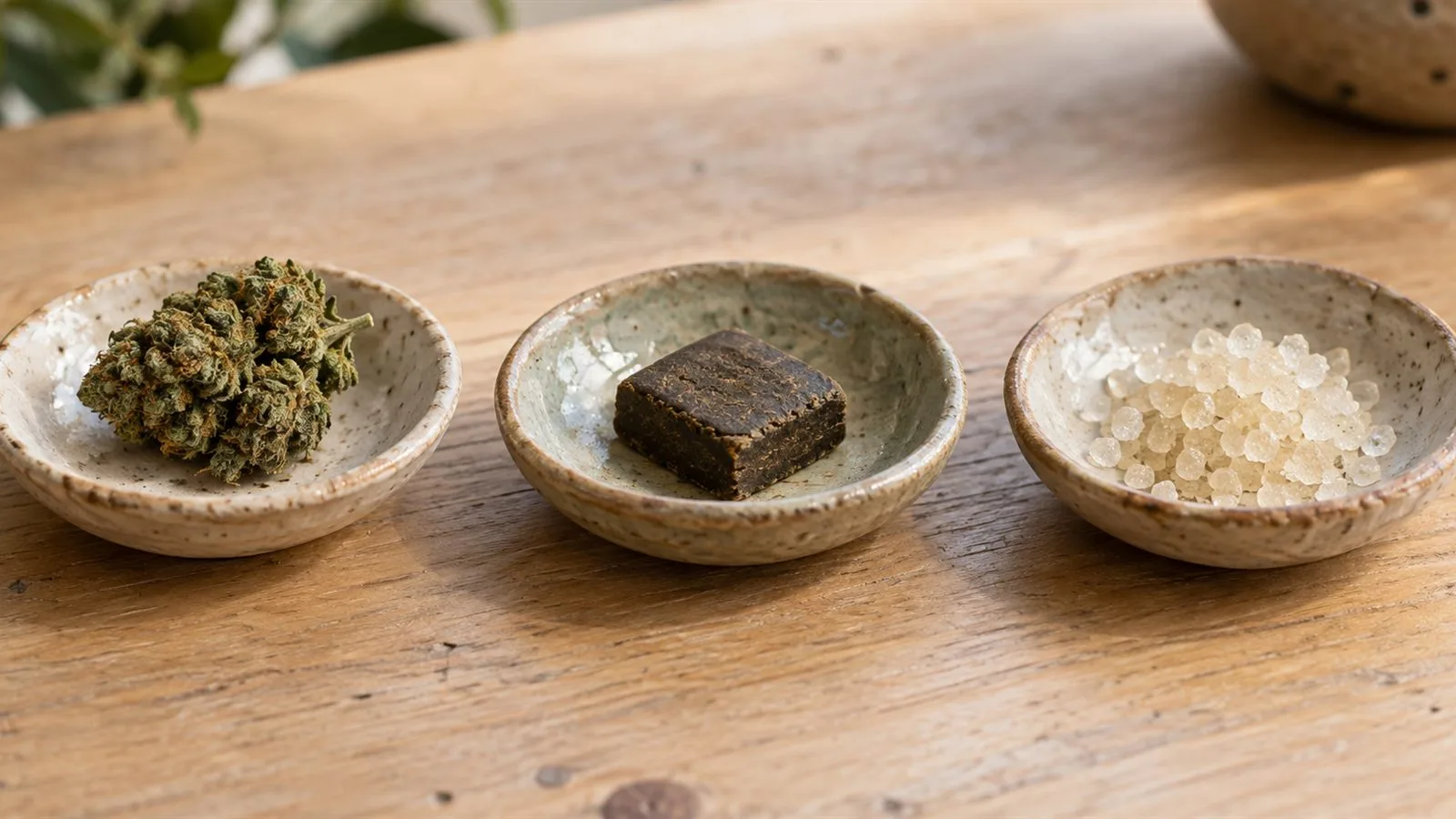 Trois coupelles : une fleur de CBD, un bloc de résine et des cristaux de CBD