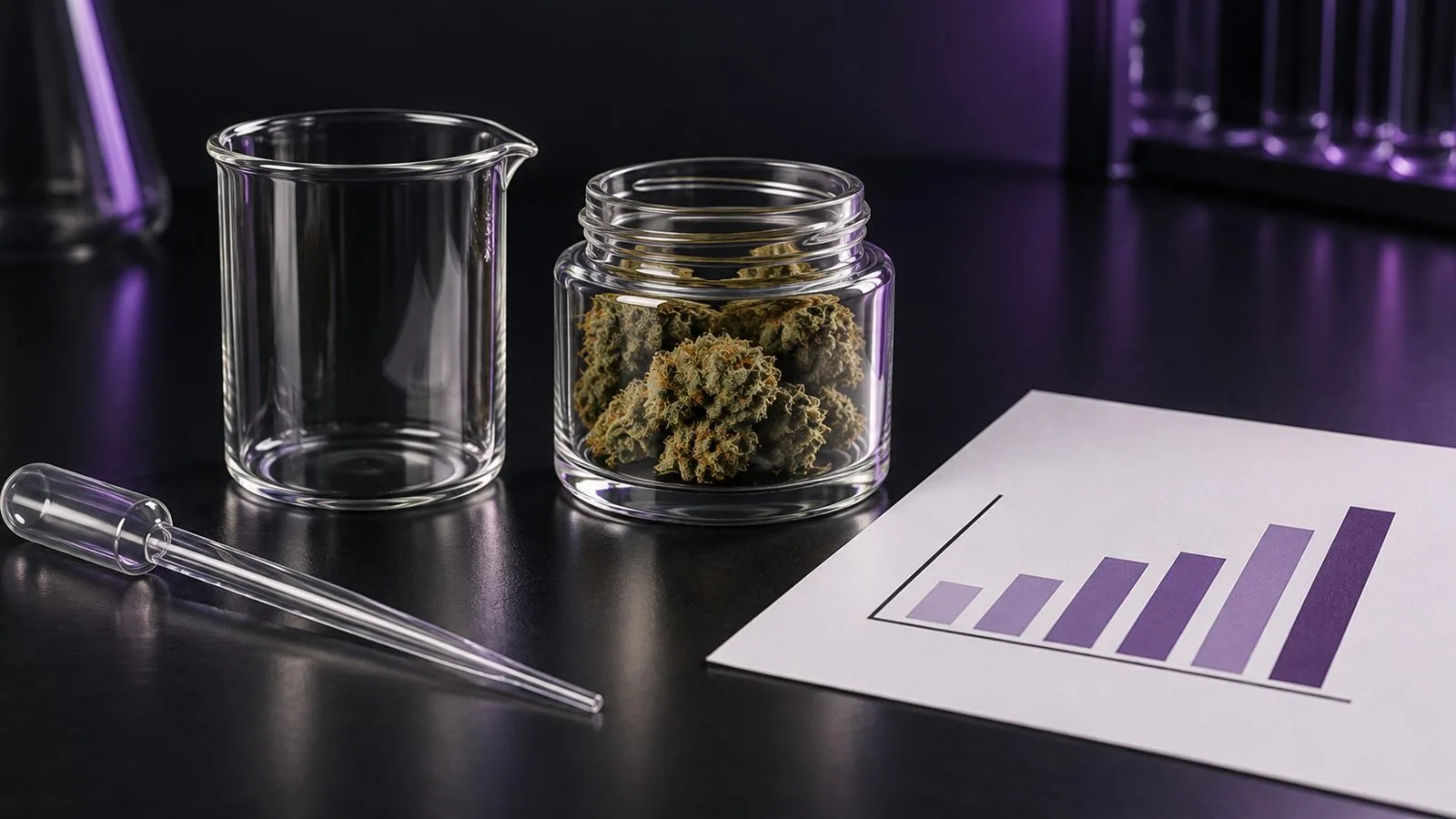 Certificat d'analyse d'un lot de fleurs de CBD sur une paillasse de laboratoire Certificat d'analyse d'un lot de fleurs de CBD sur une paillasse de laboratoire
