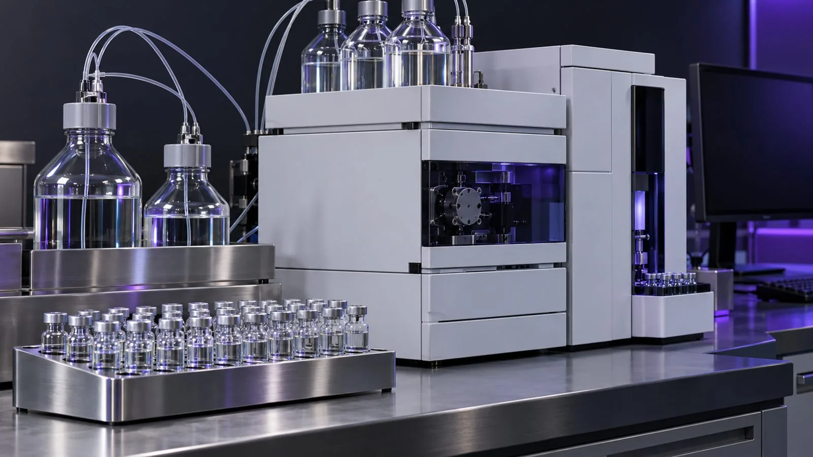 Chromatographe et flacons d'échantillons dans un laboratoire d'analyse