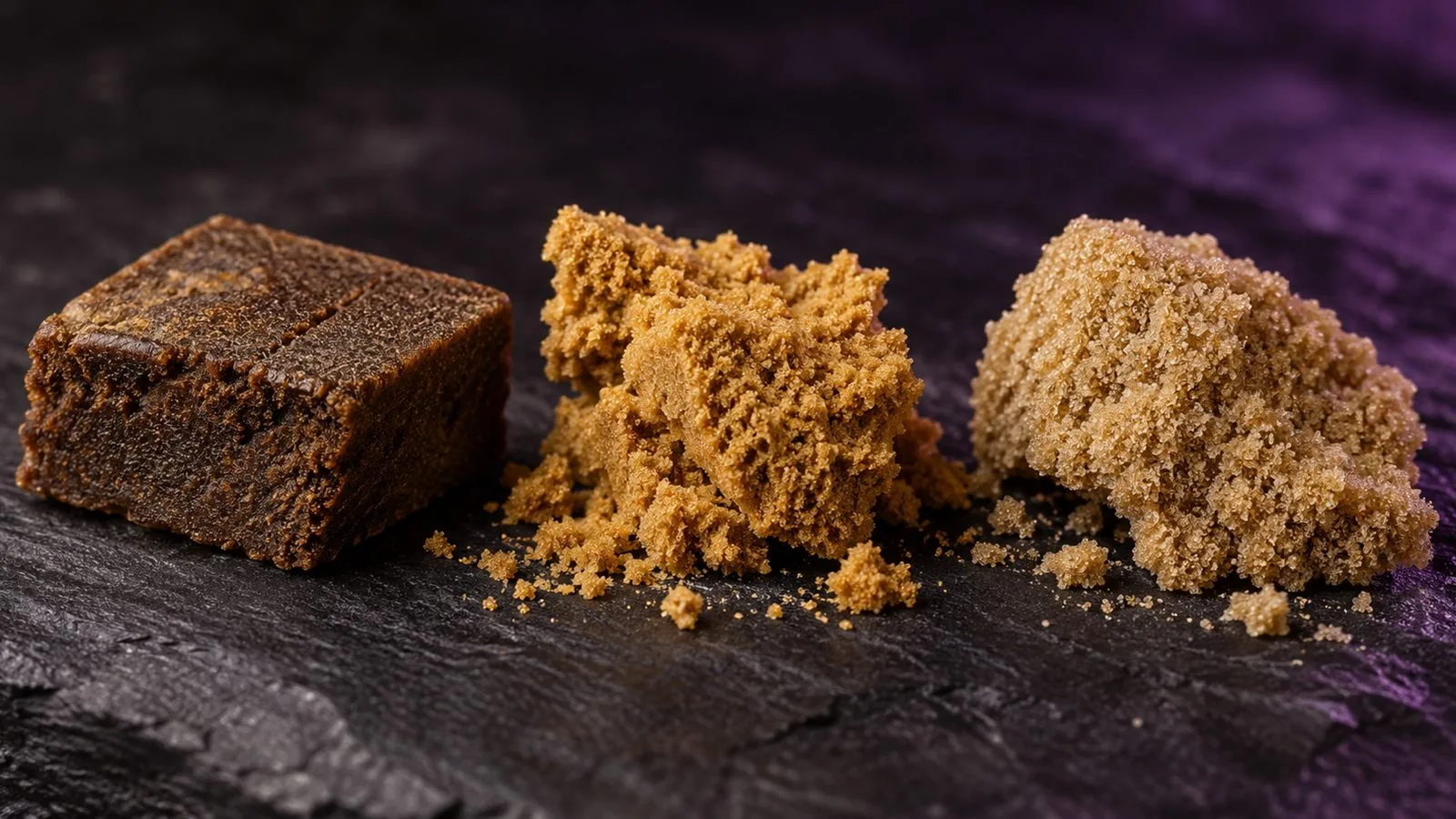 Hash pressé, pollen et ice-o-lator de CBD côte à côte