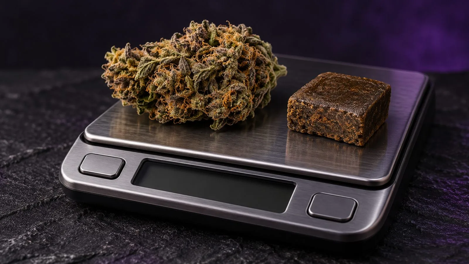 Fleur et résine de CBD pesées sur une balance de précision