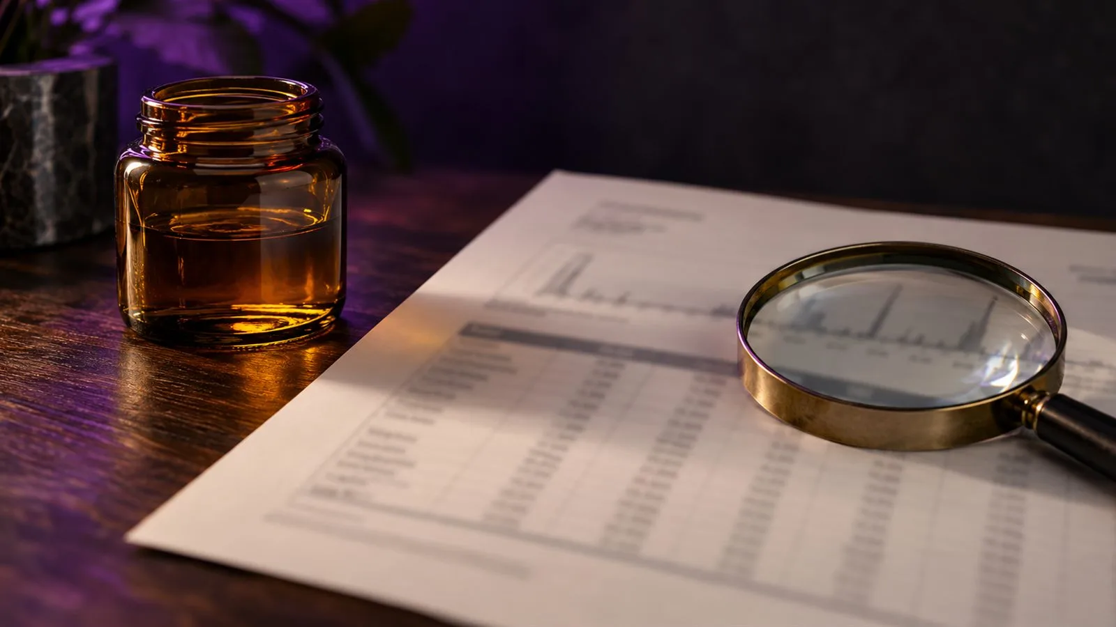 Certificat d'analyse posé sur un bureau en bois, à côté d'un petit flacon ambré et d'une loupe Certificat d'analyse posé sur un bureau en bois, à côté d'un petit flacon ambré et d'une loupe