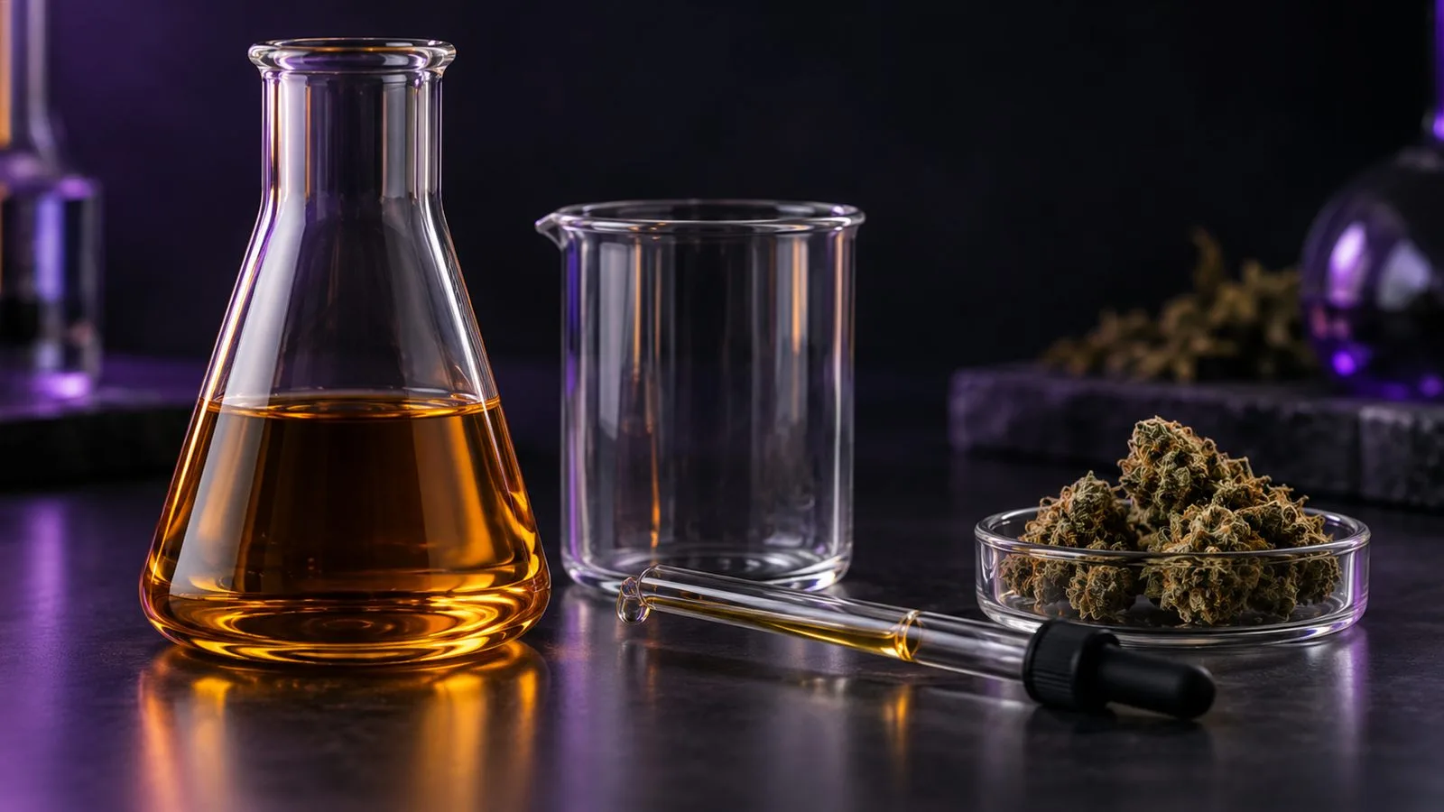 Verrerie de laboratoire avec un extrait de chanvre ambré et des fleurs de CBD dans une coupelle