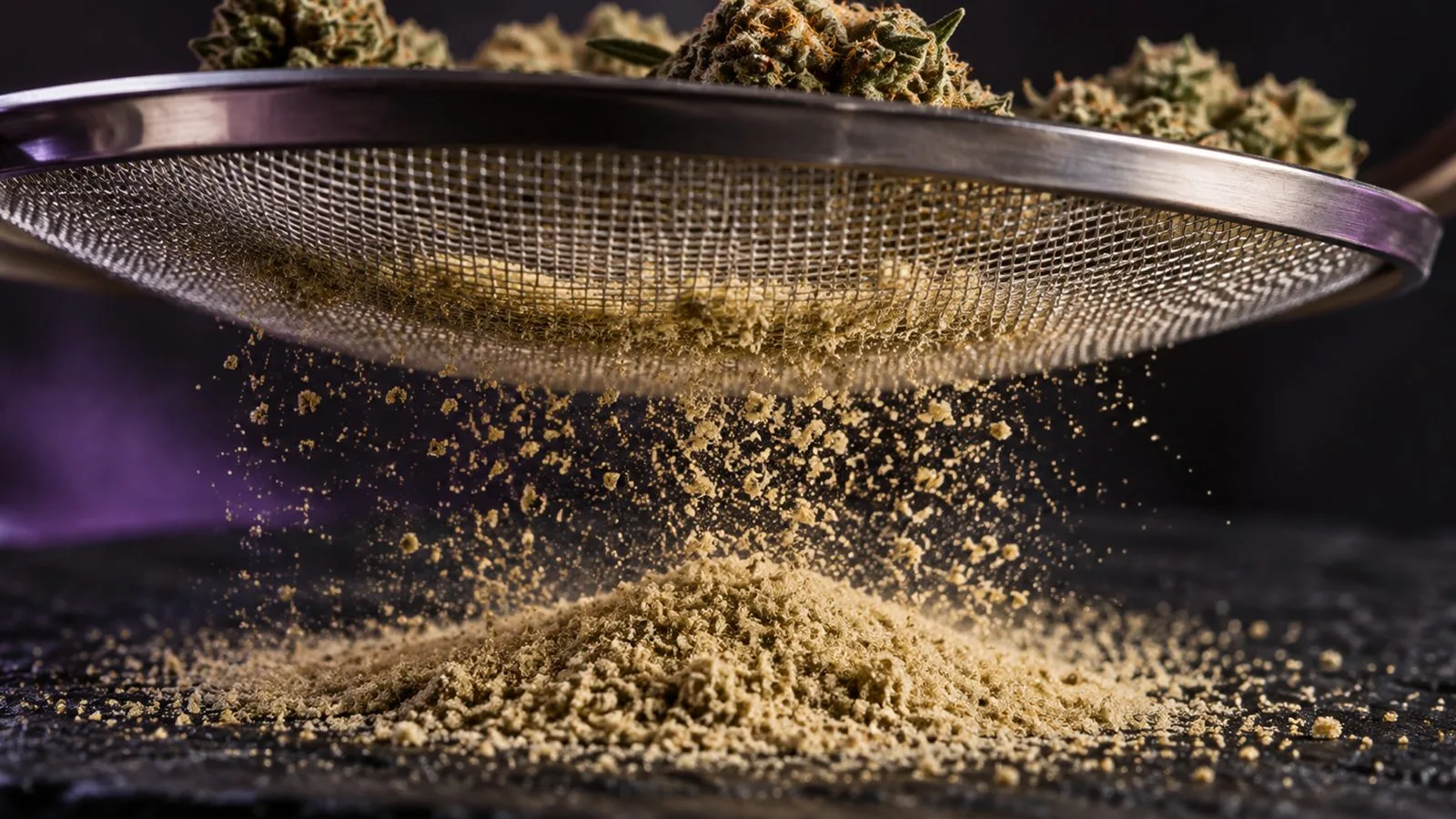 Tamis fin au-dessus duquel tombe une poudre de trichomes blonde