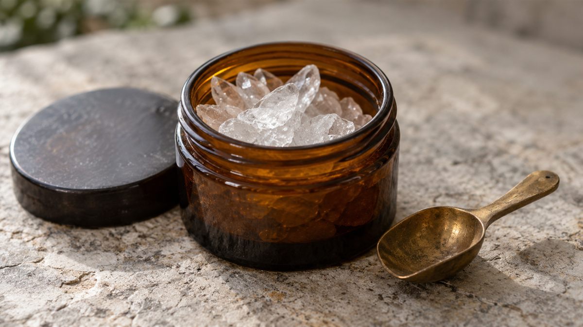 Cristaux de CBD dans un pot en verre ambré