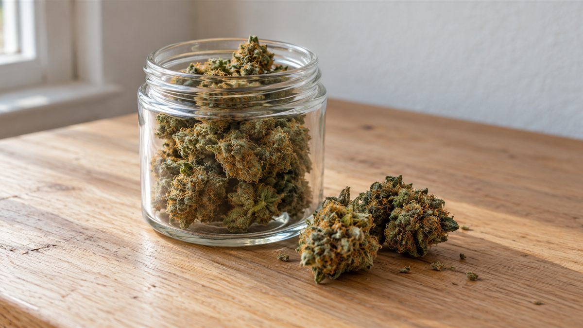 Bocal de fleurs de CBD sur une table en bois